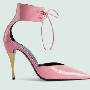 GUCCI Priscilla Pump, Pink High Heel Patent PUMP 6.5 (Ankle Lace up) (Gold Heel)